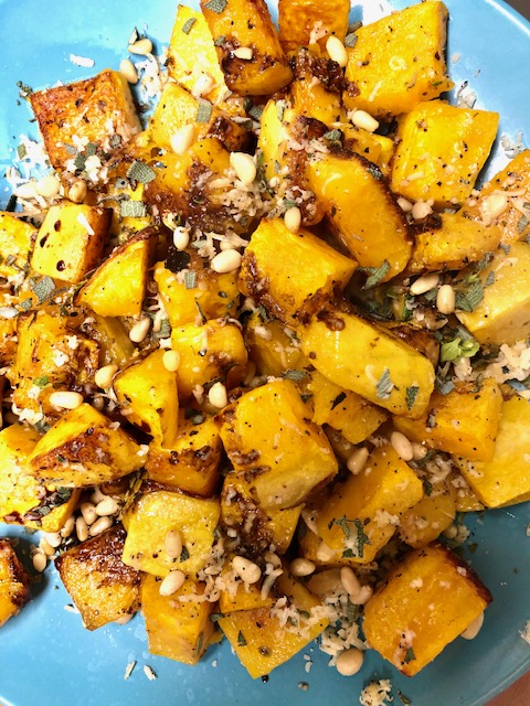 butternut squash with onions and pimenuts